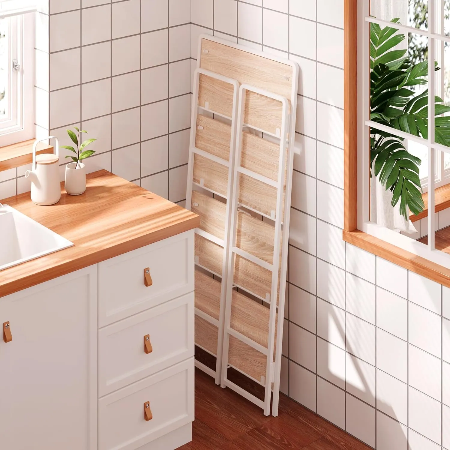 4NM No-Assembly 4 Tiers Folding Bookshelf Storage Shelves Vintage Bookcase Standing Racks Study Organizer Home Office (Natural and White)