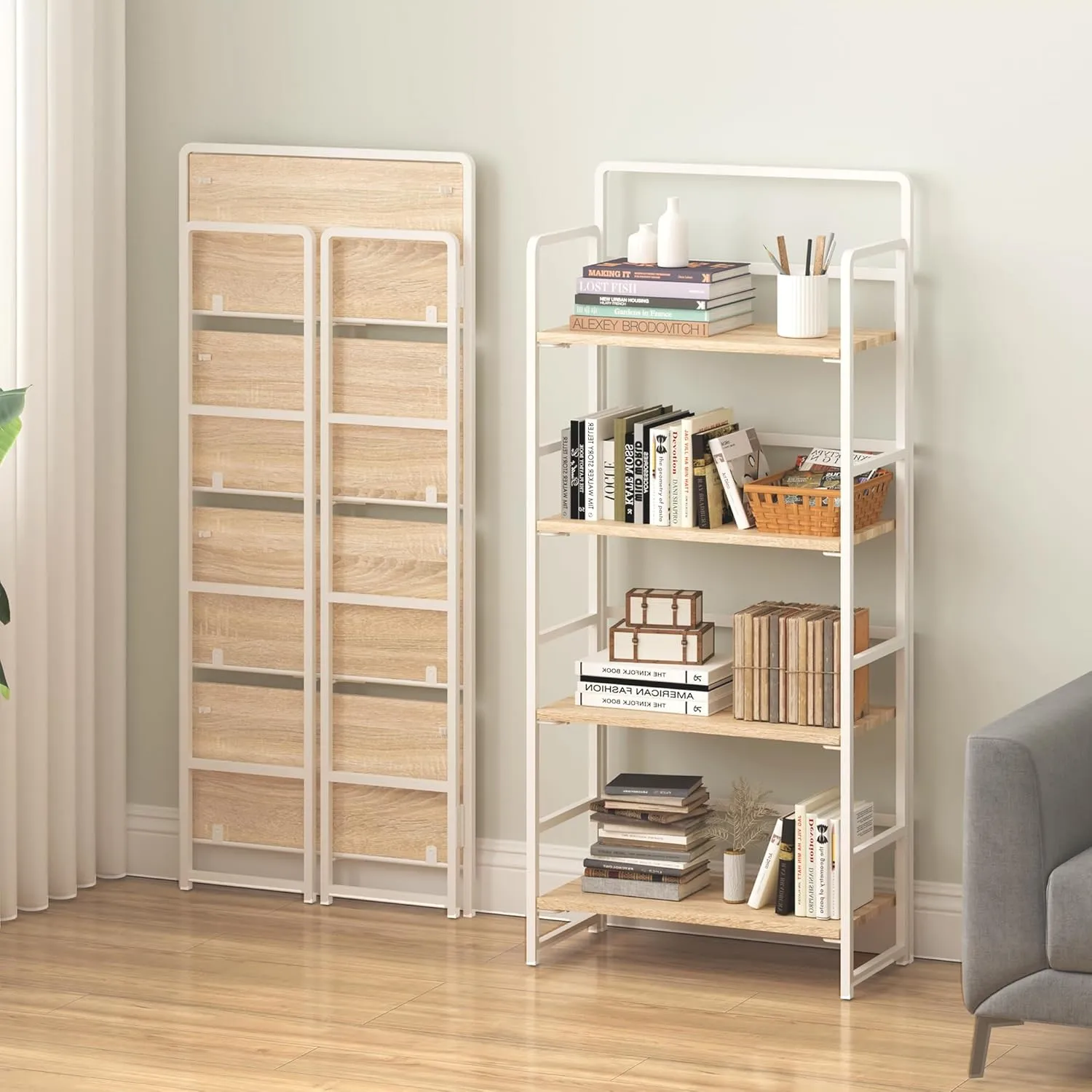 4NM No-Assembly 4 Tiers Folding Bookshelf Storage Shelves Vintage Bookcase Standing Racks Study Organizer Home Office (Natural and White)