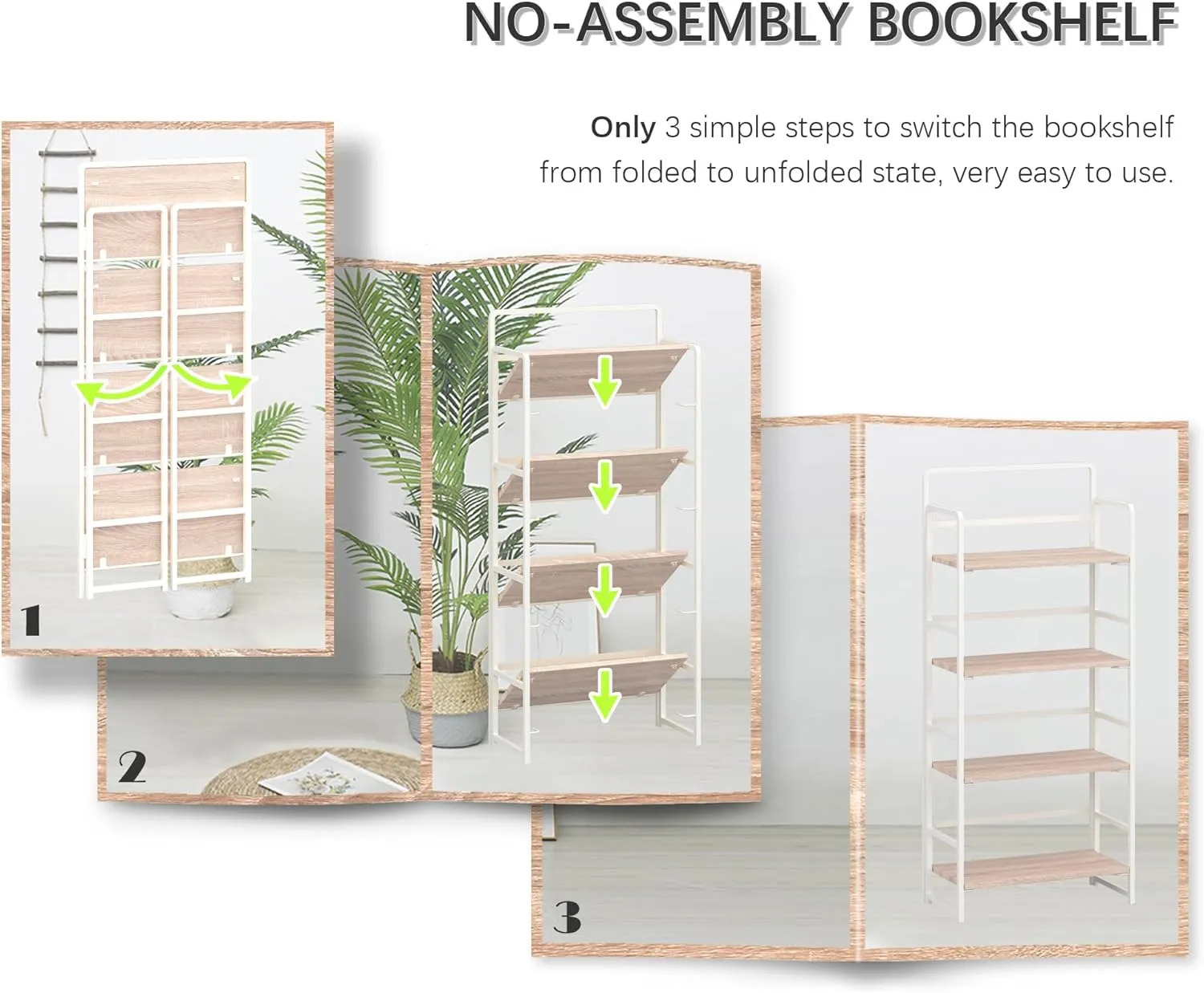 4NM No-Assembly 4 Tiers Folding Bookshelf Storage Shelves Vintage Bookcase Standing Racks Study Organizer Home Office (Natural and White)