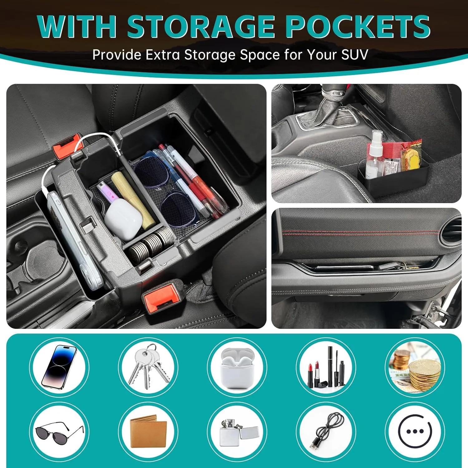 4PCS Center Console Organizer Combo Kit Compatible with 2018-2023 Jeep Wangler JL JLU 4XE Rubicon Sahara & Gladiator JT Accessories, Armrest Storage Box & Grab Bar Tray & Gear Shift Tray