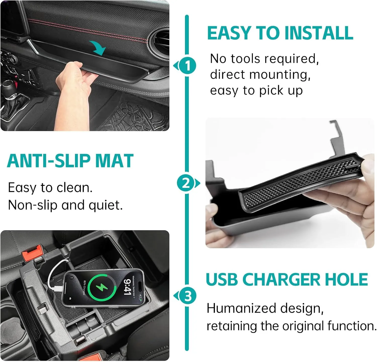 4PCS Center Console Organizer Combo Kit Compatible with 2018-2023 Jeep Wangler JL JLU 4XE Rubicon Sahara & Gladiator JT Accessories, Armrest Storage Box & Grab Bar Tray & Gear Shift Tray