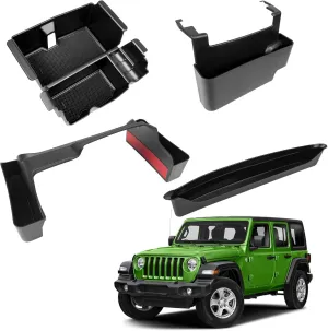 4PCS Center Console Organizer Combo Kit Compatible with 2018-2023 Jeep Wangler JL JLU 4XE Rubicon Sahara & Gladiator JT Accessories, Armrest Storage Box & Grab Bar Tray & Gear Shift Tray