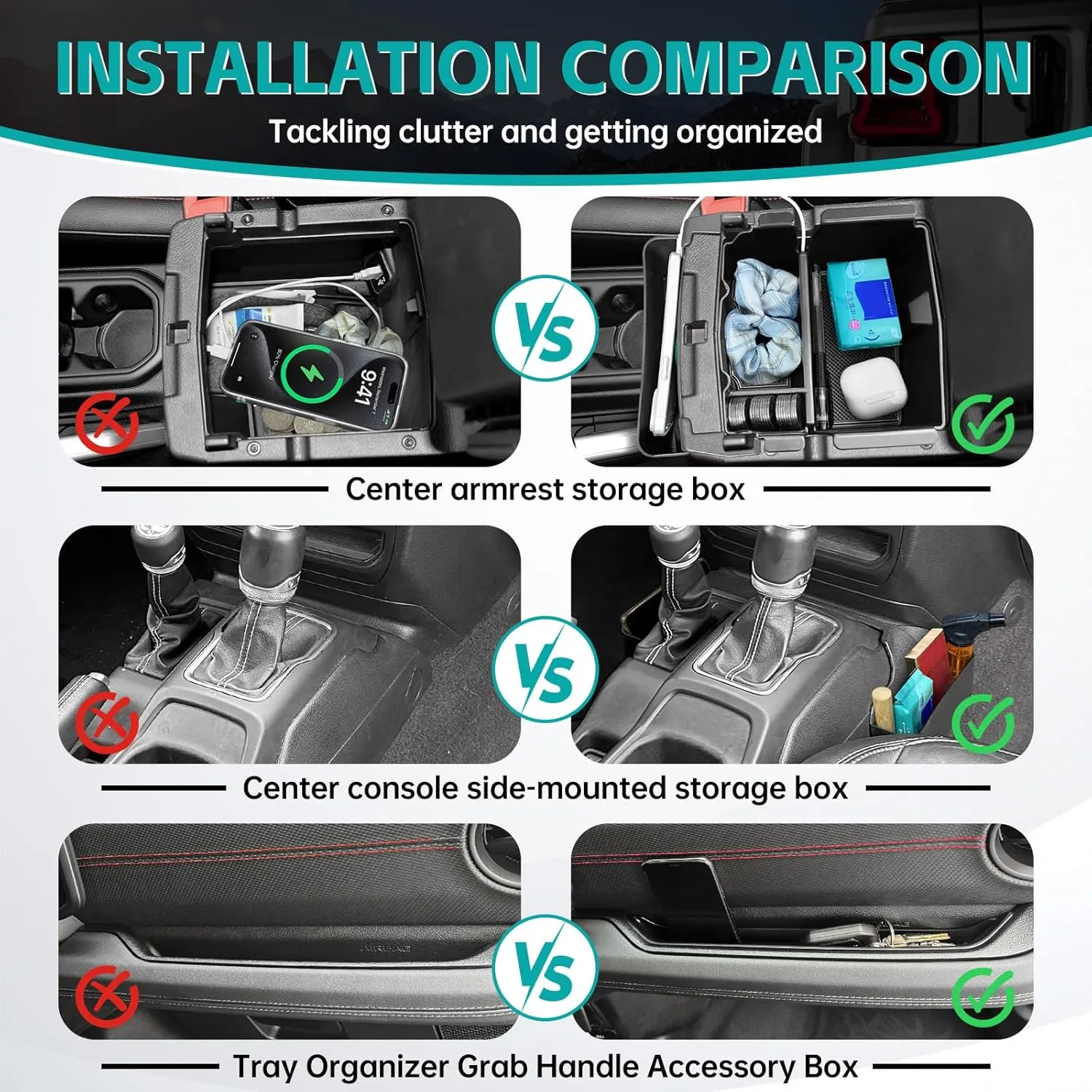 4PCS Center Console Organizer Combo Kit Compatible with 2018-2023 Jeep Wangler JL JLU 4XE Rubicon Sahara & Gladiator JT Accessories, Armrest Storage Box & Grab Bar Tray & Gear Shift Tray
