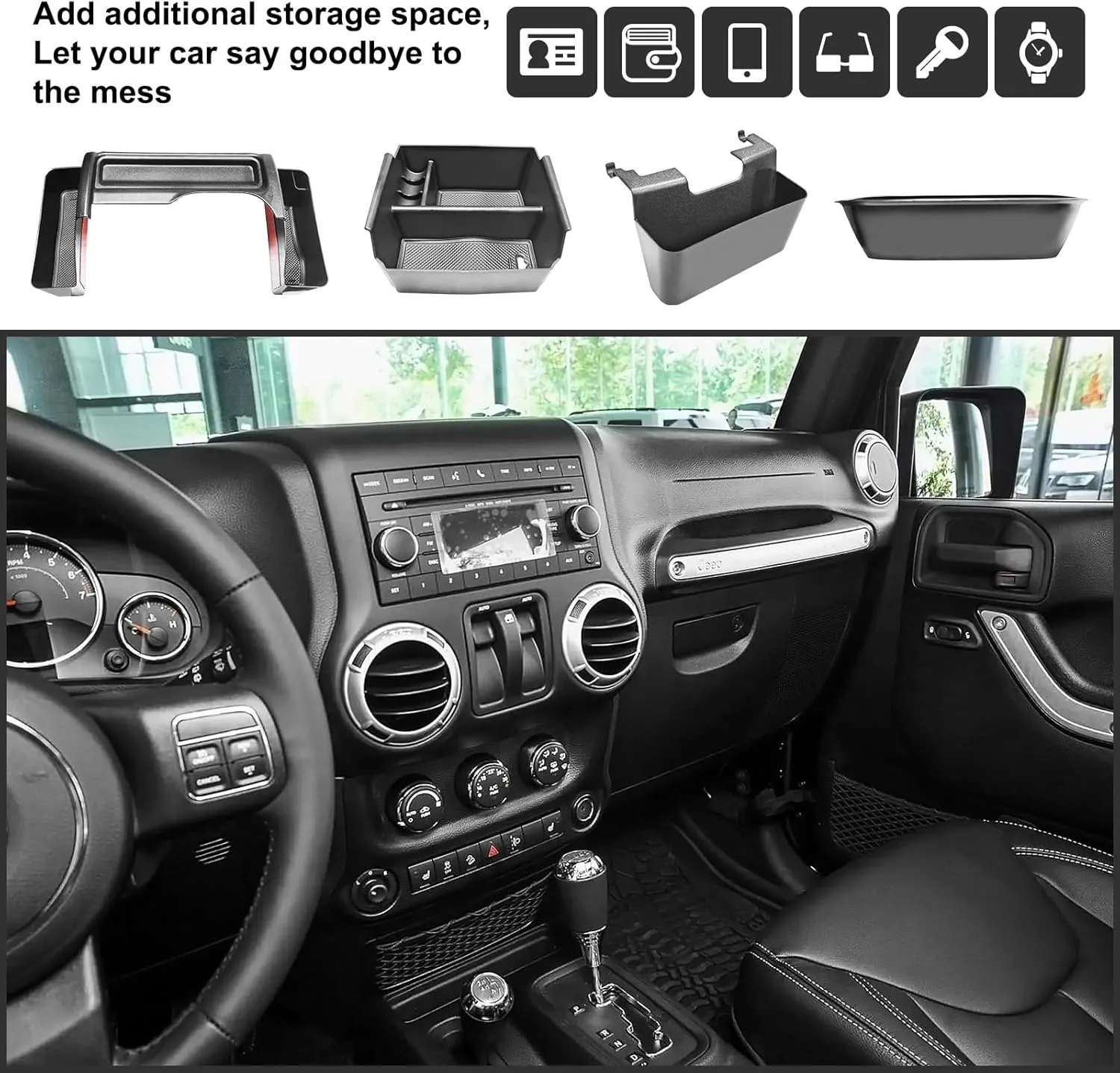 4PCS Center Console Organizers Accessories Compatible for Jeep Wrangler JK/JKU 2011-2018 2017 2016 2015 2014 2013 2012 2/4 Door Middle Armrest Tray Hanging Storage Box Grab Handle Container