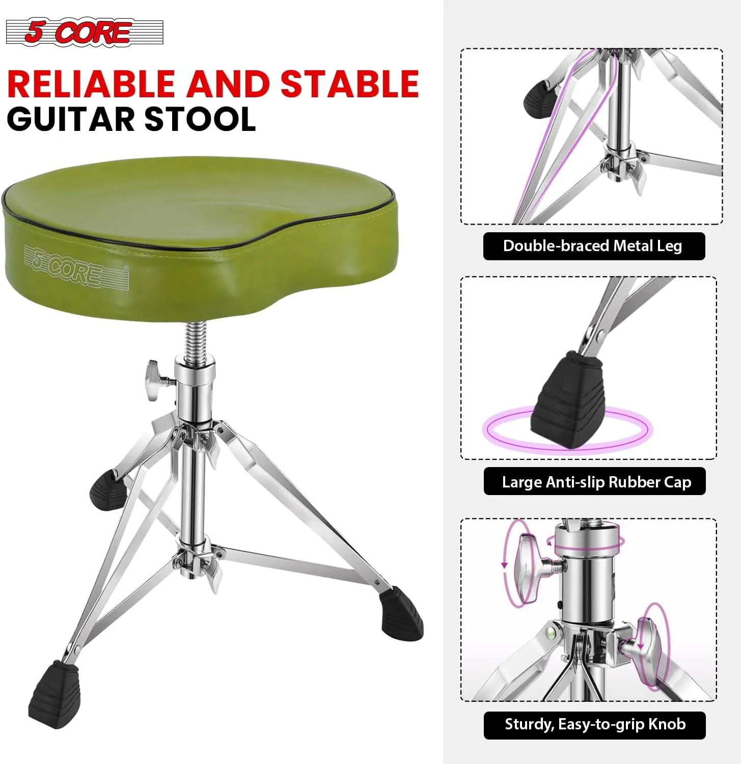 5 CORE Drum Throne Thick Padded Comfortable Guitar Stool with Memory Foam Heavy Duty Adjustable Padded Keyboard Chair Metal Piano Stool Premium Musician Chair Dark Green DS CH D-GR SDL HD
