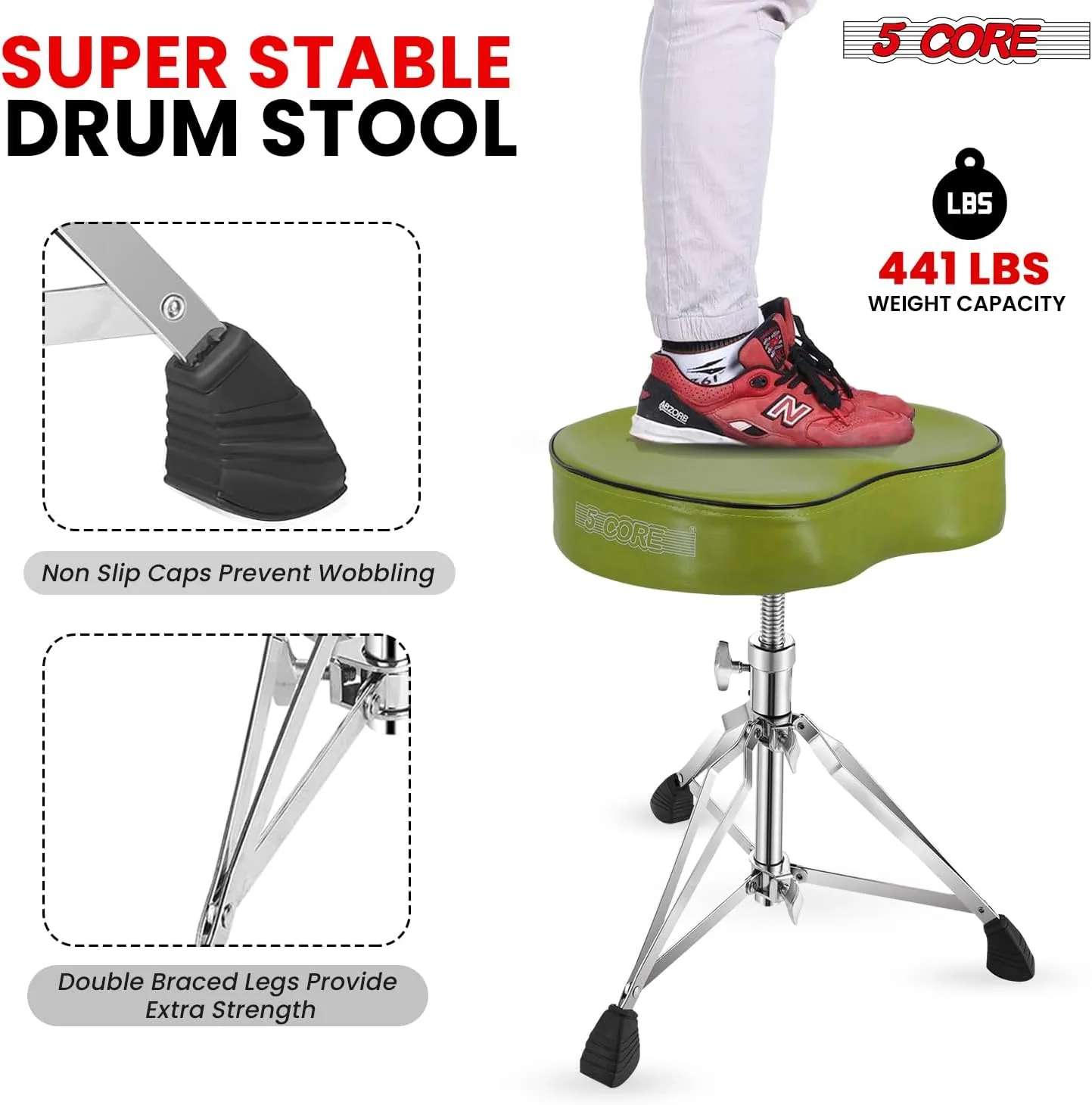 5 CORE Drum Throne Thick Padded Comfortable Guitar Stool with Memory Foam Heavy Duty Adjustable Padded Keyboard Chair Metal Piano Stool Premium Musician Chair Dark Green DS CH D-GR SDL HD