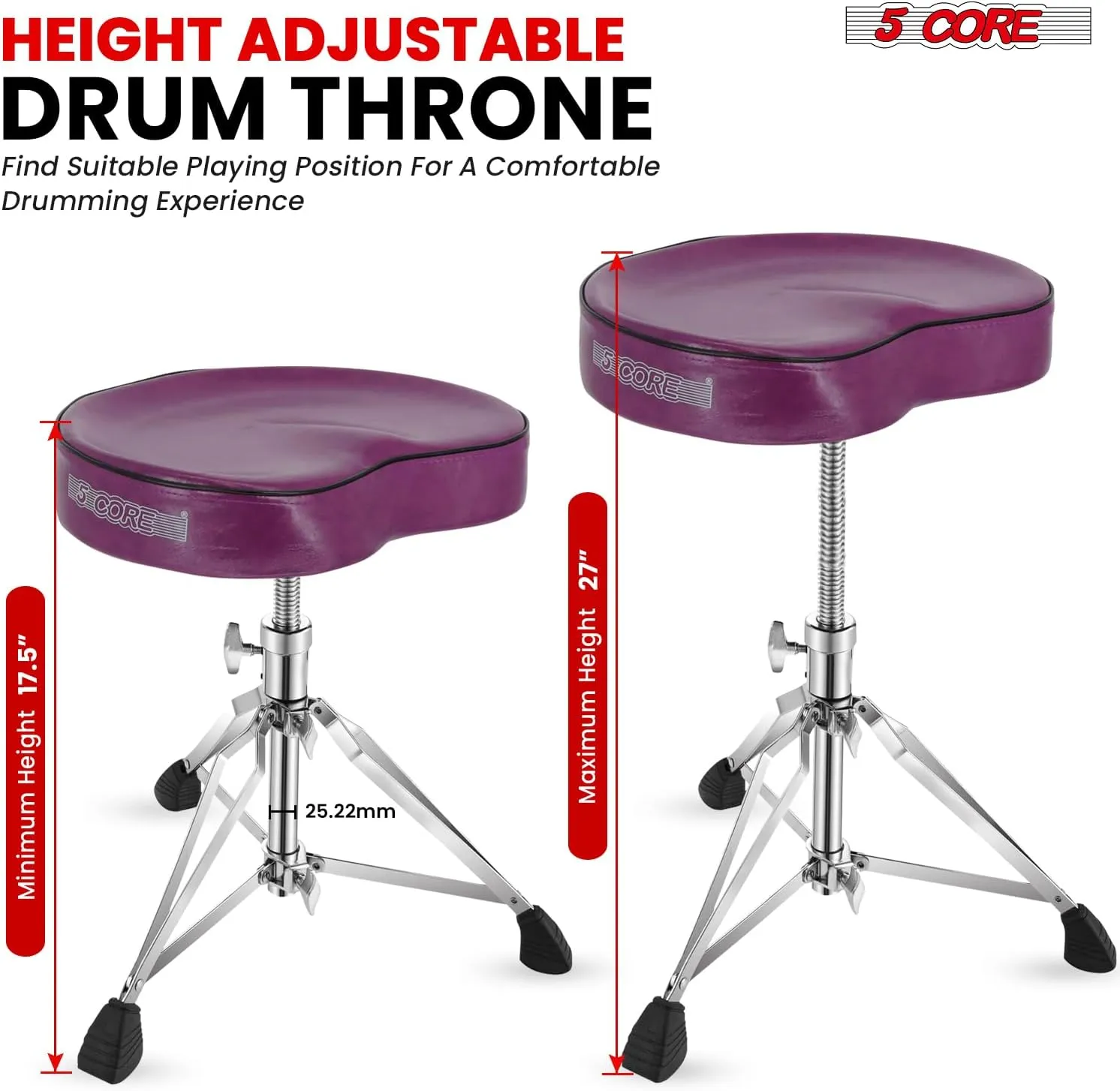 5 CORE Drum Throne Thick Padded Comfortable Guitar Stool with Memory Foam Heavy Duty Adjustable Padded Keyboard Chair Metal Piano Stool Premium Musician Chair Purple DS CH Purple SDL HD