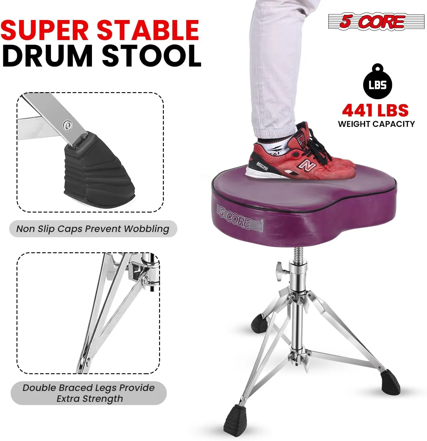 5 CORE Drum Throne Thick Padded Comfortable Guitar Stool with Memory Foam Heavy Duty Adjustable Padded Keyboard Chair Metal Piano Stool Premium Musician Chair Purple DS CH Purple SDL HD