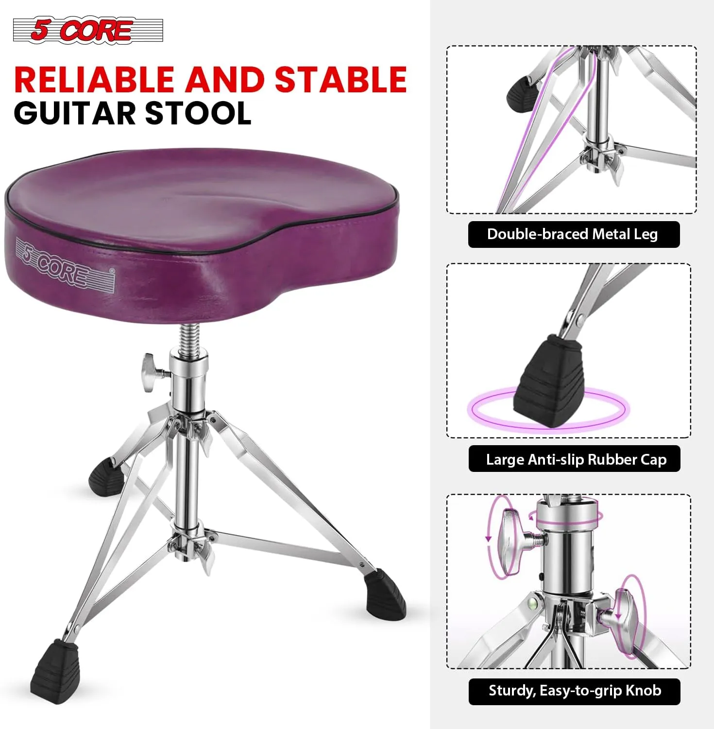 5 CORE Drum Throne Thick Padded Comfortable Guitar Stool with Memory Foam Heavy Duty Adjustable Padded Keyboard Chair Metal Piano Stool Premium Musician Chair Purple DS CH Purple SDL HD