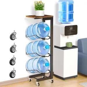 5 Gallon Water Jug Holder, 3-Tier Heavy-Duty Jug Holder Stand Organizer with Lockable Casters and Storage Shelf, Foldable Water Bottle Holder, Water Bottle Dispenser Rack for Office, Gym, Home(Brown)