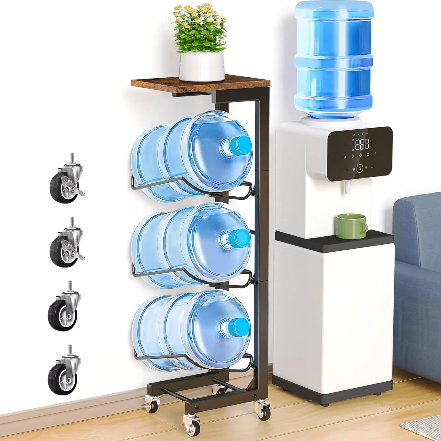 5 Gallon Water Jug Holder, 3-Tier Heavy-Duty Jug Holder Stand Organizer with Lockable Casters and Storage Shelf, Foldable Water Bottle Holder, Water Bottle Dispenser Rack for Office, Gym, Home(Brown)