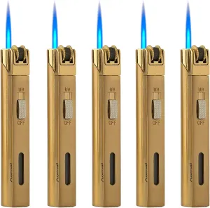 5 Pack Butane Torch Lighter Jet Flame Lockable Portable Adjustable Lighter with Fuel Visible Tank No Gas (Gold)