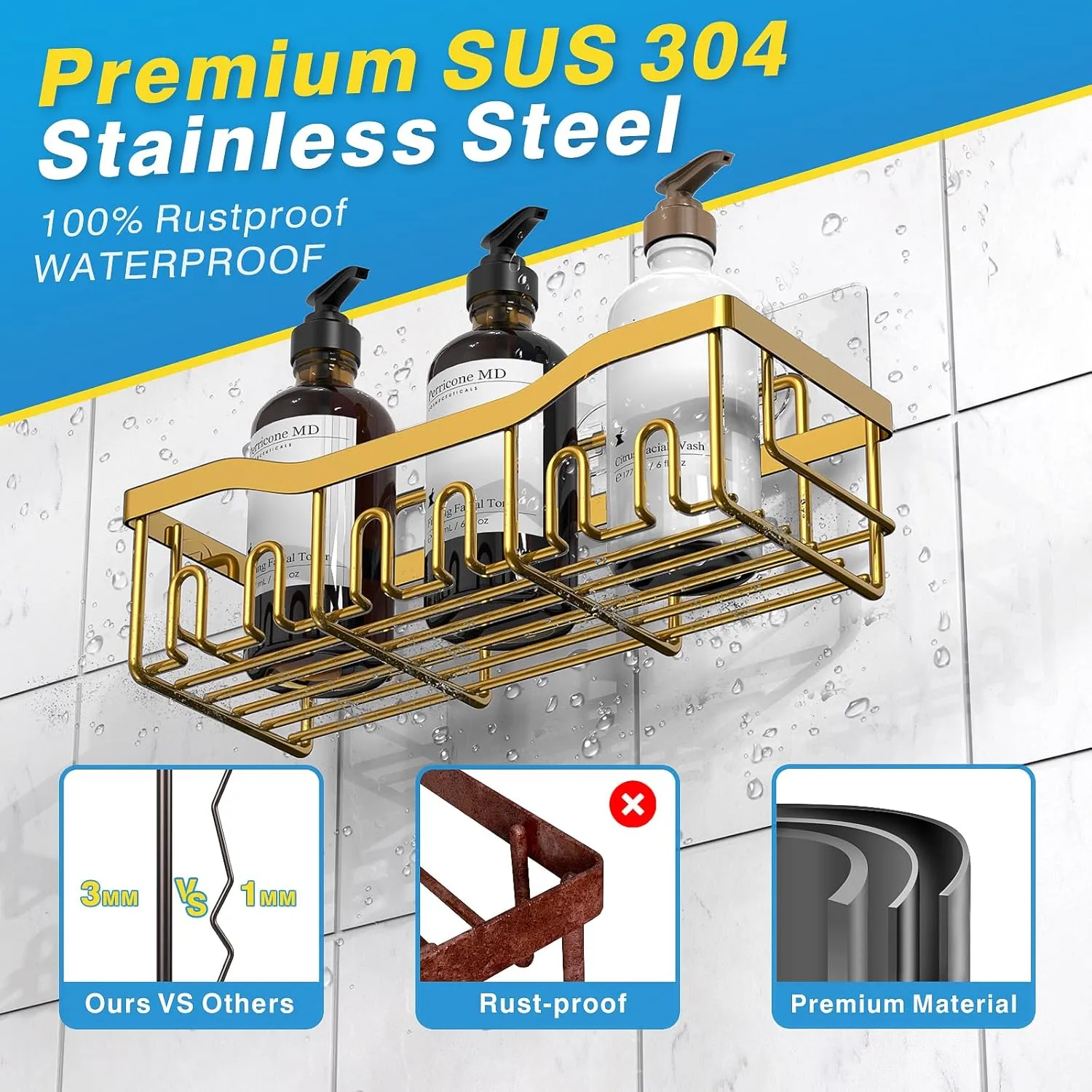 5-Pack Rustproof Stainless Steel Shower Caddy – No Drill Adhesive Bathroom Organizer with Large Capacity, Spacious Shower Shelves for Inside Shower, Kitchen & Home Decor Storage
