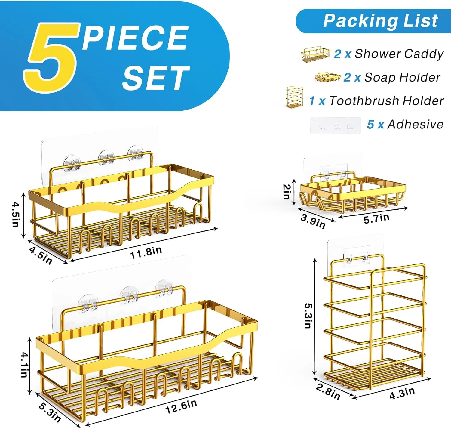 5-Pack Rustproof Stainless Steel Shower Caddy – No Drill Adhesive Bathroom Organizer with Large Capacity, Spacious Shower Shelves for Inside Shower, Kitchen & Home Decor Storage