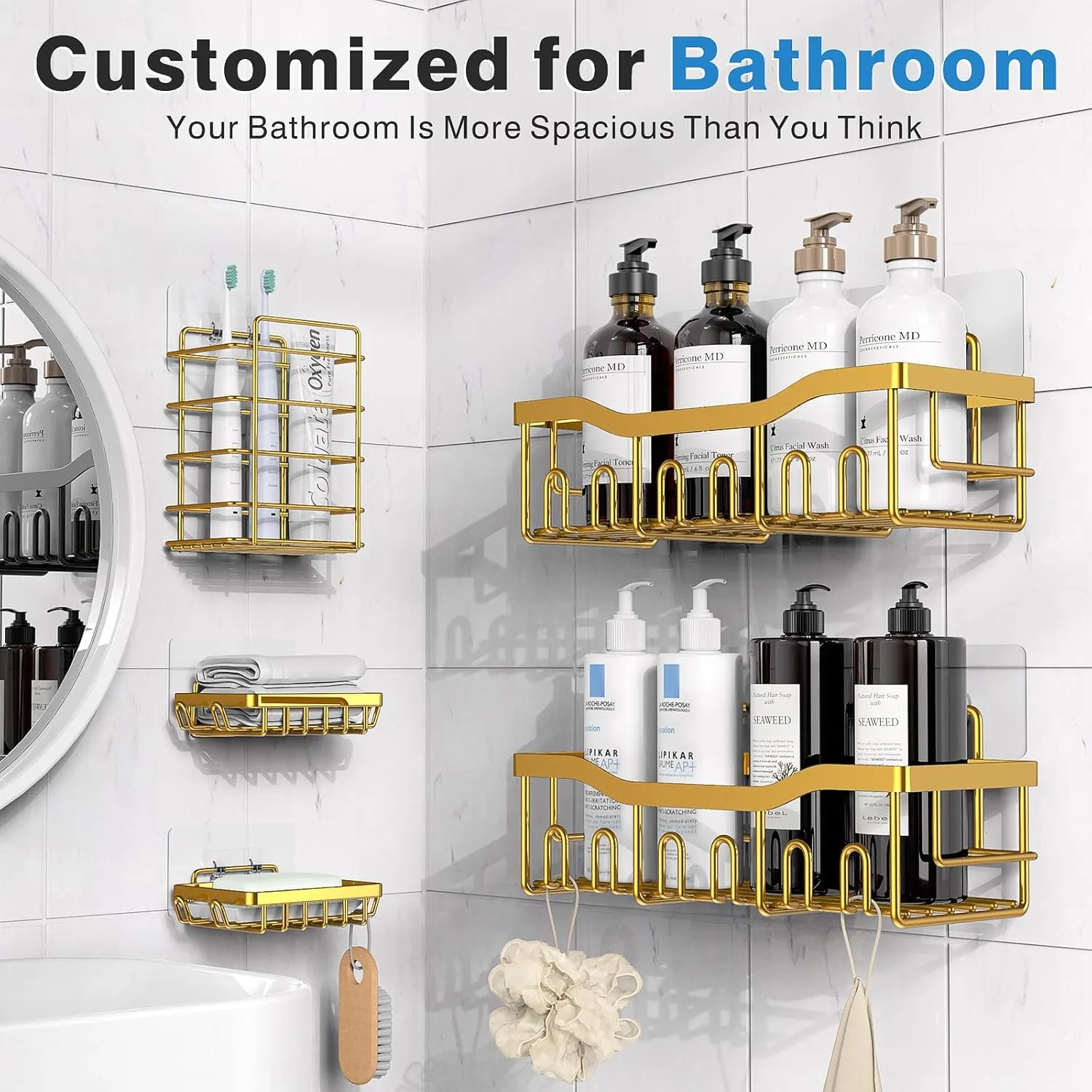 5-Pack Rustproof Stainless Steel Shower Caddy – No Drill Adhesive Bathroom Organizer with Large Capacity, Spacious Shower Shelves for Inside Shower, Kitchen & Home Decor Storage