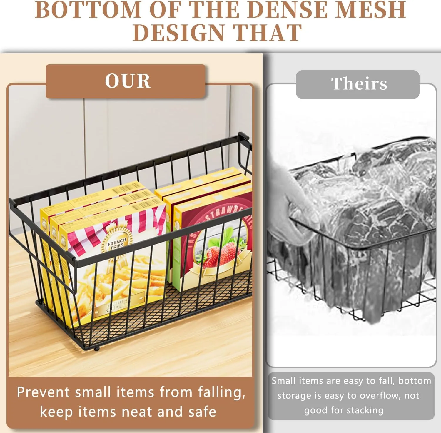 5 Pack Stackable Deep Freezer Organizer Bins ，Upgraded Bottom Leak-Proof net，Encryption and Hardening ， Freezer Organizer Bins for 5 to 7 Cu.FT Small Chest Freezer， Easy Get Bottom Foods