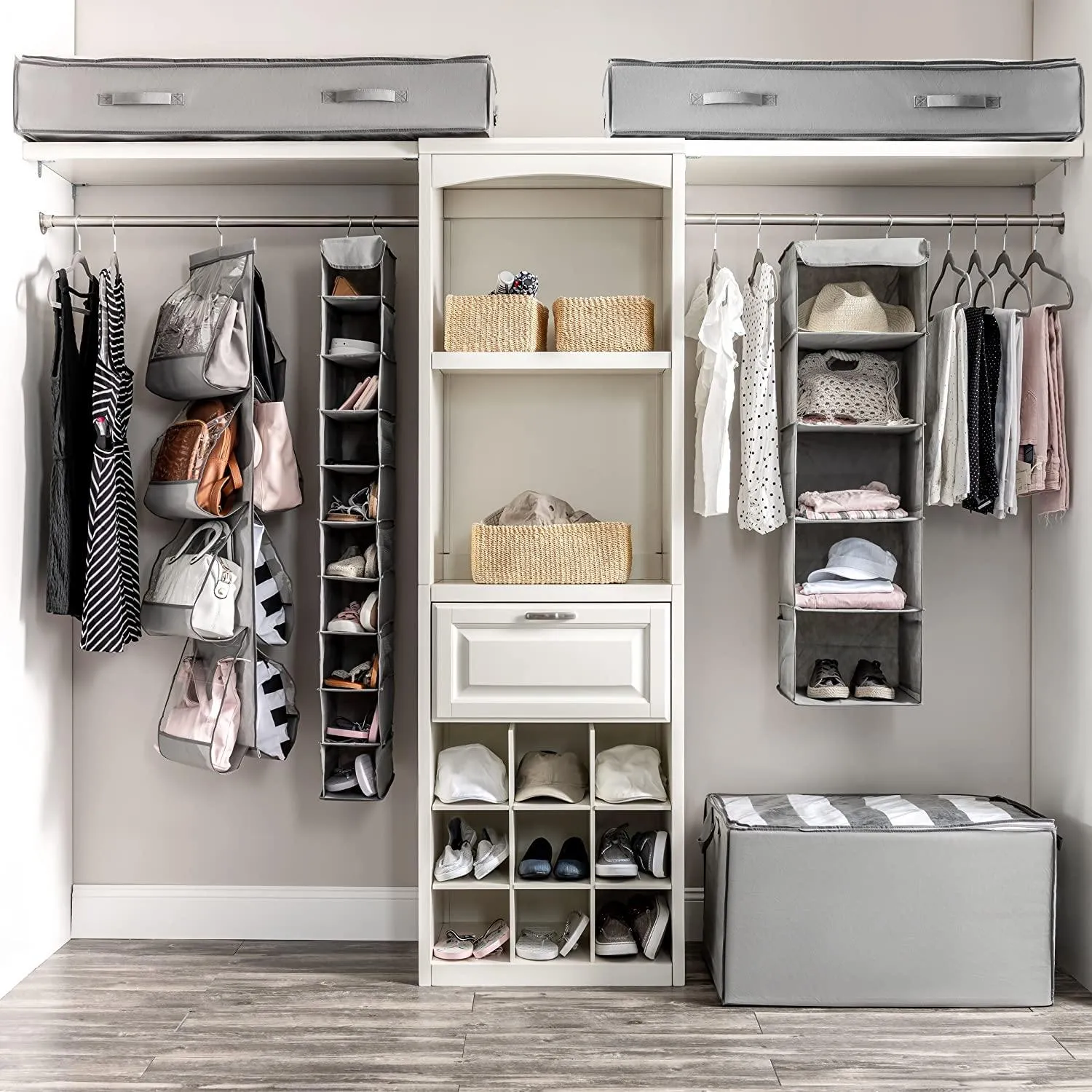 5-Shelf Hanging Closet Organizer With 6 Mesh Pockets Grey - Double R Bags
