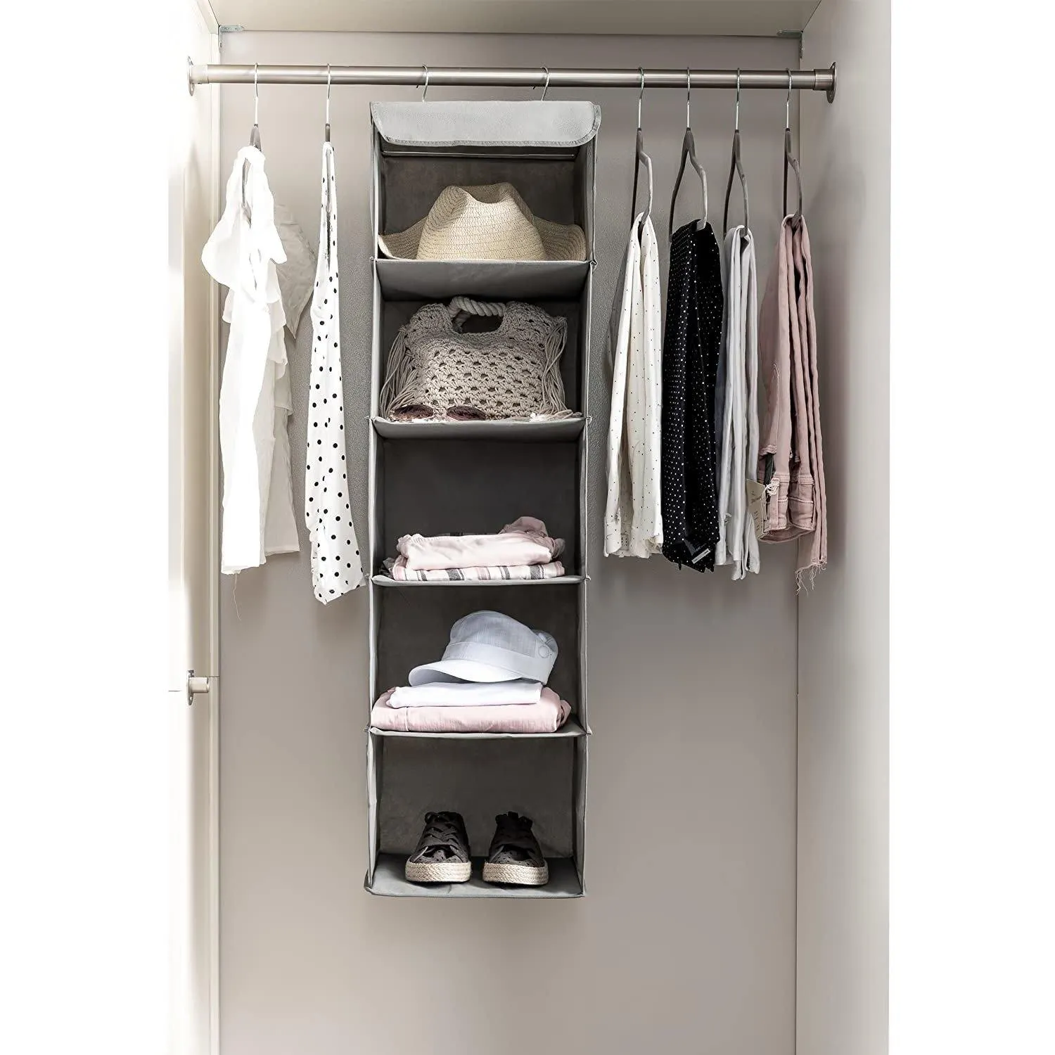 5-Shelf Hanging Closet Organizer With 6 Mesh Pockets Grey - Double R Bags