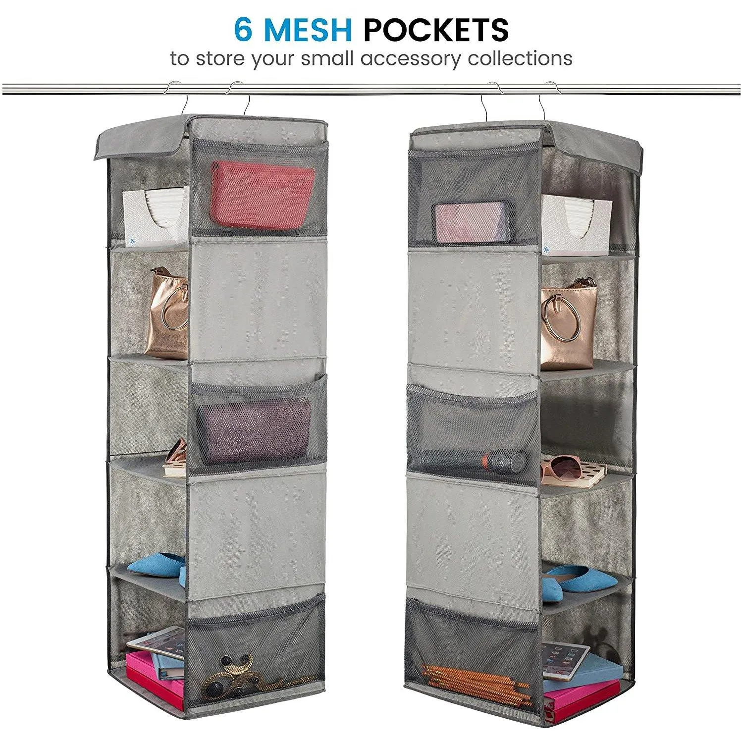 5-Shelf Hanging Closet Organizer With 6 Mesh Pockets Grey - Double R Bags
