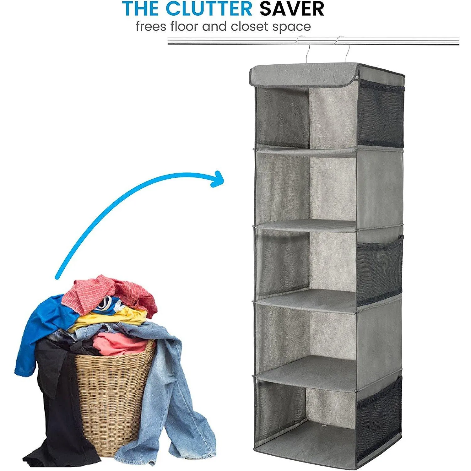 5-Shelf Hanging Closet Organizer With 6 Mesh Pockets Grey - Double R Bags