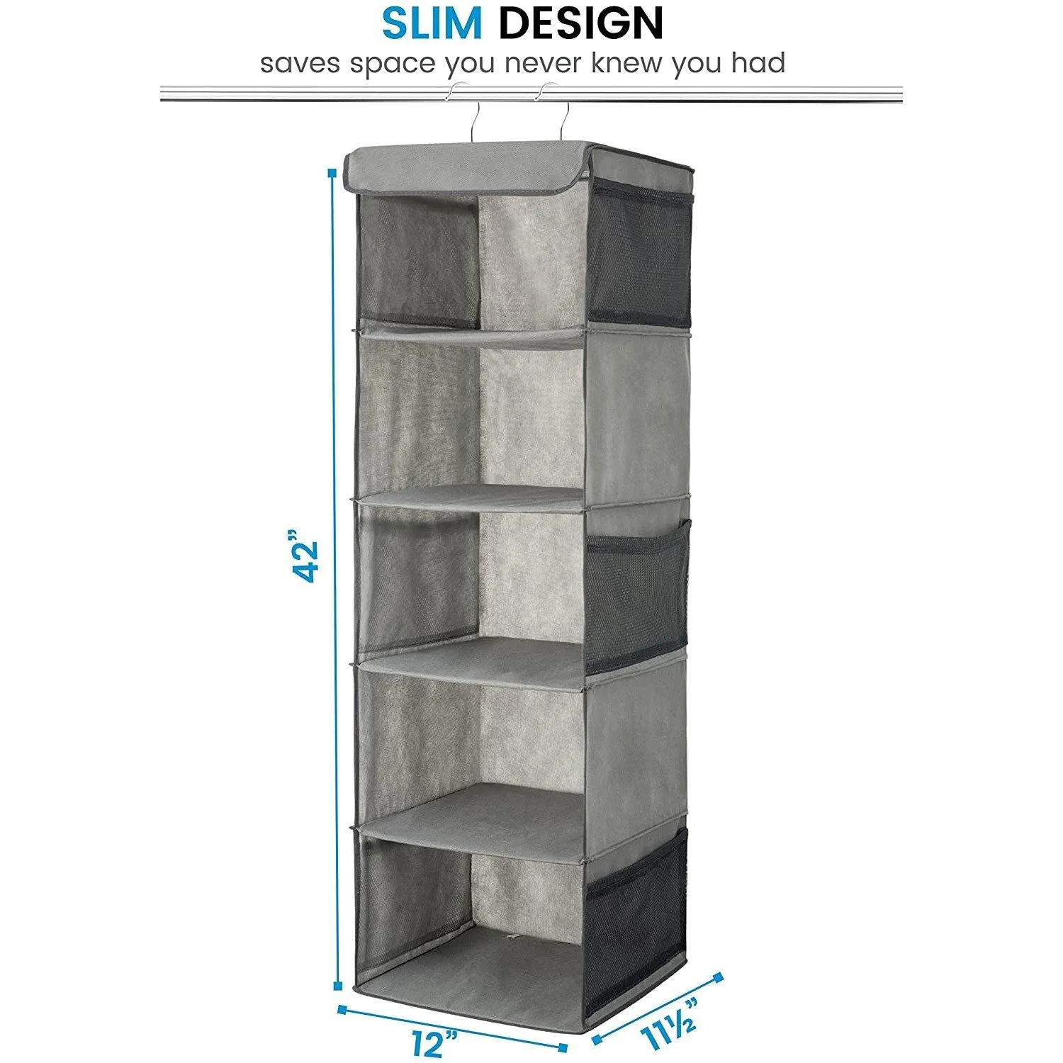 5-Shelf Hanging Closet Organizer With 6 Mesh Pockets Grey - Double R Bags