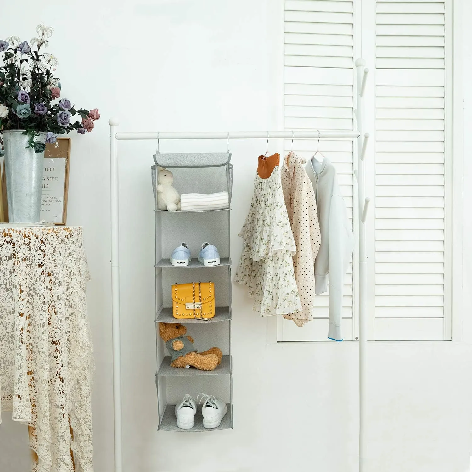 5 Shelves Hanging Closet Organizer, 2 Pack Hanging Storage with 6 Side Pockets for Clothes Bags, 43"x12"x12"(Light Gray)
