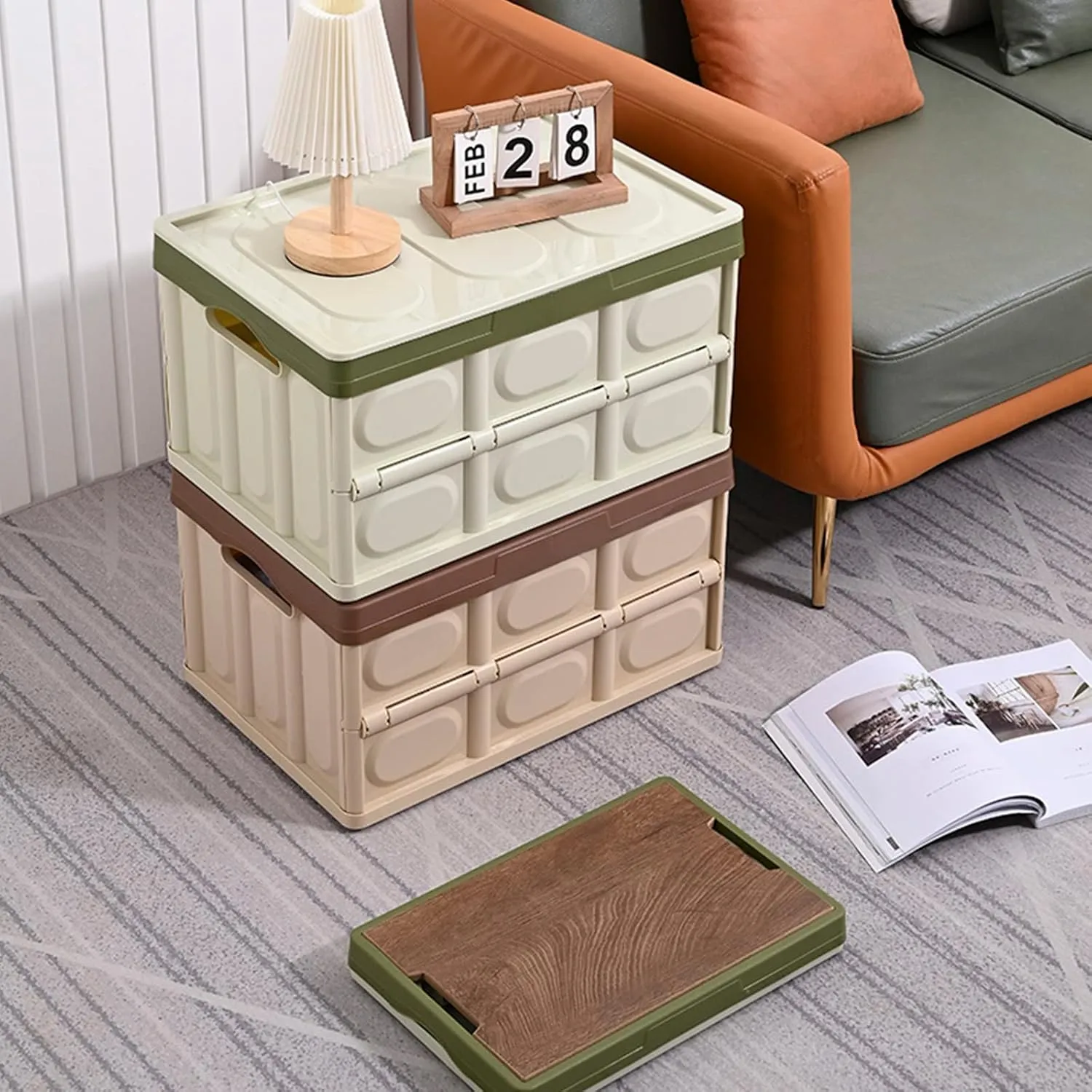 55L Storage Bins Collapsible Outdoor Camping Box with Wood Lid and Waterproof Bag, Large Stackable Plastic Organizer and Storage Crate for Camping, Picnic, Car, Toys, Clothes,Green