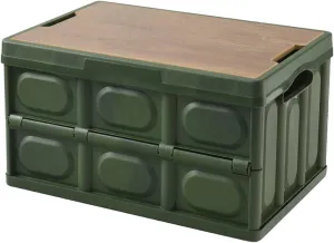 55L Storage Bins Collapsible Outdoor Camping Box with Wood Lid and Waterproof Bag, Large Stackable Plastic Organizer and Storage Crate for Camping, Picnic, Car, Toys, Clothes,Green