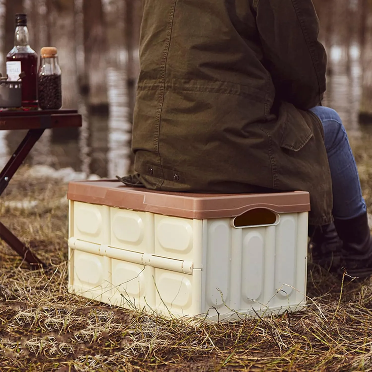 55L Storage Bins Collapsible Outdoor Camping Box with Wood Lid and Waterproof Bag, Large Stackable Plastic Organizer and Storage Crate for Camping, Picnic, Car, Toys, Clothes,Green