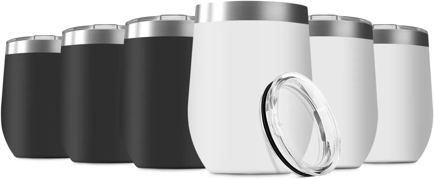 6 Pack 12oz Wine Tumbler with Lid Stainless Steel Wine Tumbler Cups Double Wall Vacuum Insulated Travel Mugs Stemless Cup