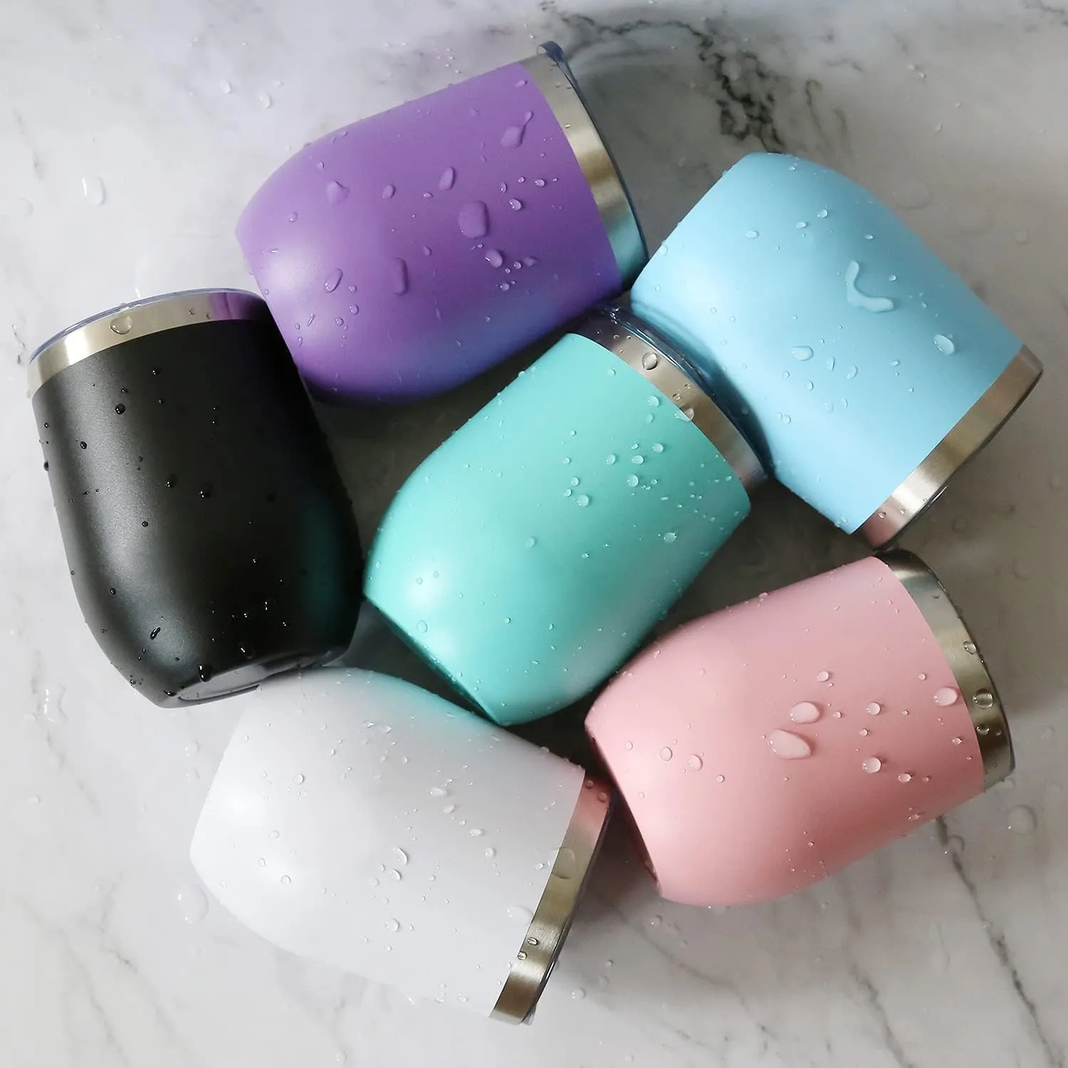 6 Pack 12oz Wine Tumbler with Lid Stainless Steel Wine Tumbler Cups Double Wall Vacuum Insulated Travel Mugs Stemless Cup