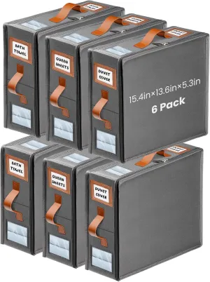 6 Pack Sheet Storage Organizer (King & Queen Size), Foldable Bed Sheets Set Organizers and Storage Organizers with Window, Folding Bedding Storage Organizer for Bedsheets, Blankets and Towel (Grey)
