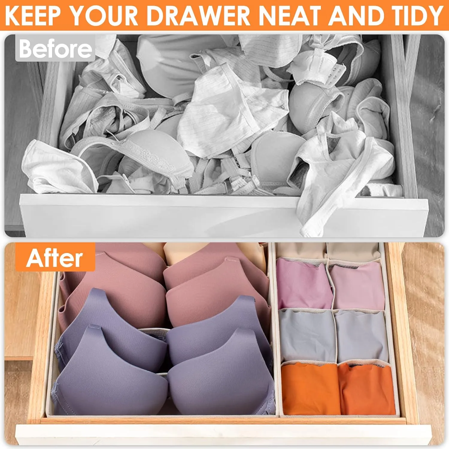 6 Pack Sock Underwear Drawer Organizer Dividers, 58 Cell Foldable Fabric Dresser Closet Organizers and Storage Bins for Clothing, Baby Clothes, Bra, Panty, Scarf, Ties (Beige)