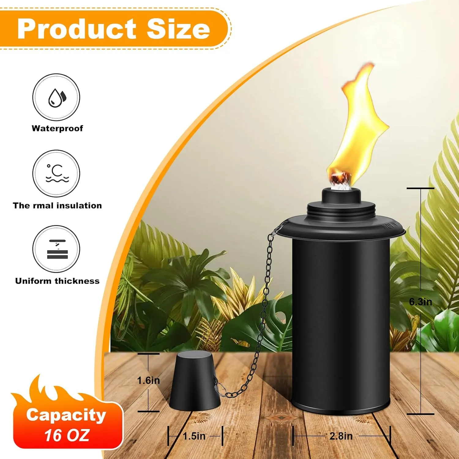6 Pack Torch Canisters,16oz Replacement Torch Refillable Canisters with Wicks,Caps, Outdoor Citronella Fuel Torch Canister for Luau Party, DIY Garden Decor.