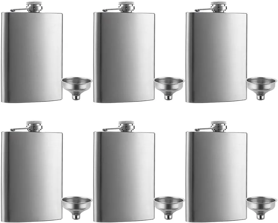 6 Pcs 8 oz Hip Stainless Steel Flask & Funnel Set by QLL, Easy Pour Funnel is Included, Great Gift