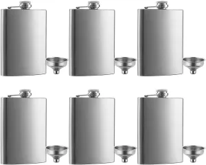 6 Pcs 8 oz Hip Stainless Steel Flask & Funnel Set by QLL, Easy Pour Funnel is Included, Great Gift
