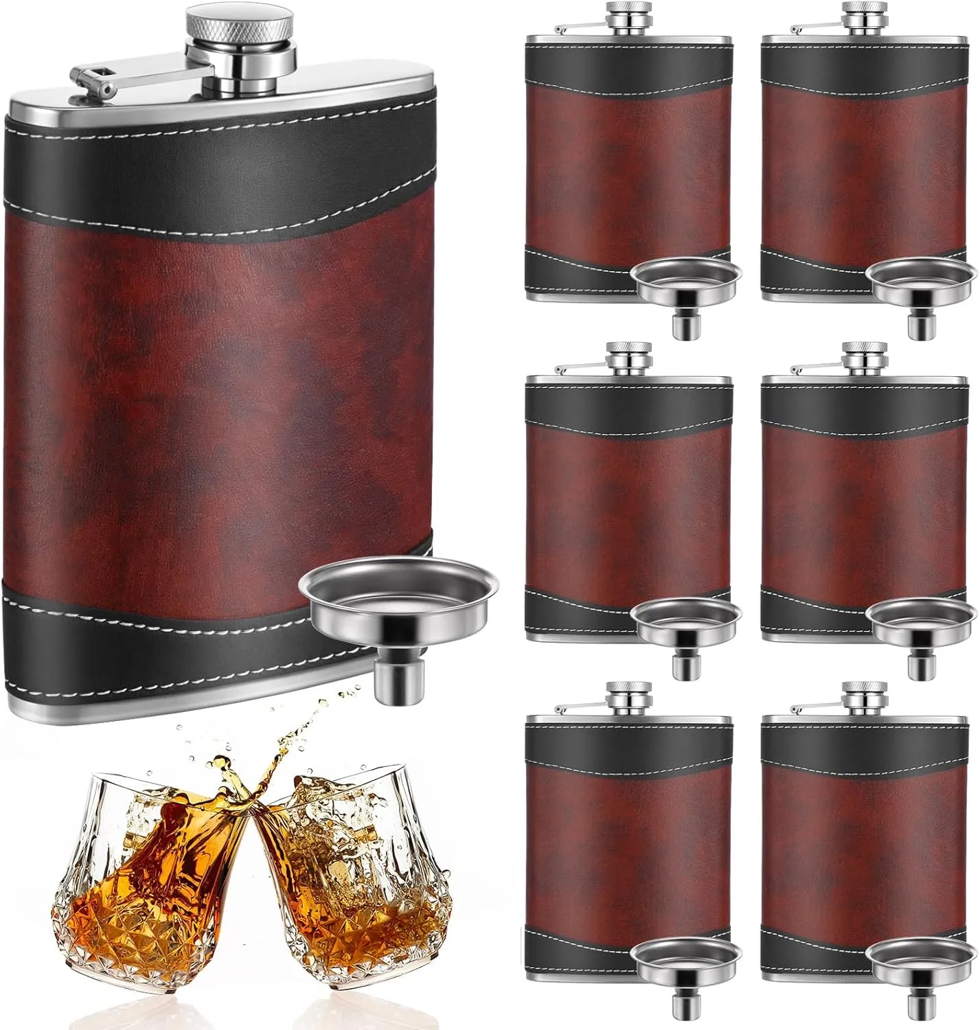 6 Pcs 8 oz Leather Hip Flasks for Liquor for Men Leak Proof Stainless Steel Drinking Flasks Bulk Soft Wrap Whiskey Flask with Funnel for Wedding Bridesmaid Christmas Gifts, Leather Brown