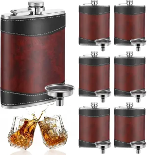 6 Pcs 8 oz Leather Hip Flasks for Liquor for Men Leak Proof Stainless Steel Drinking Flasks Bulk Soft Wrap Whiskey Flask with Funnel for Wedding Bridesmaid Christmas Gifts, Leather Brown