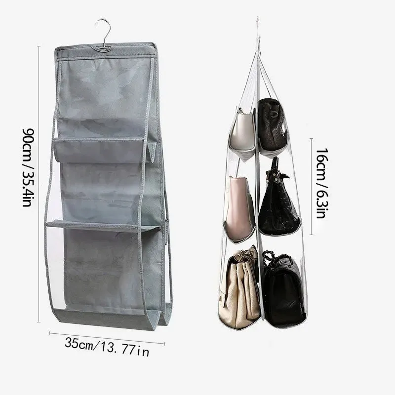 6 Pocket Waterproof Clear Hanging Handbag Organizer for Wardrobe