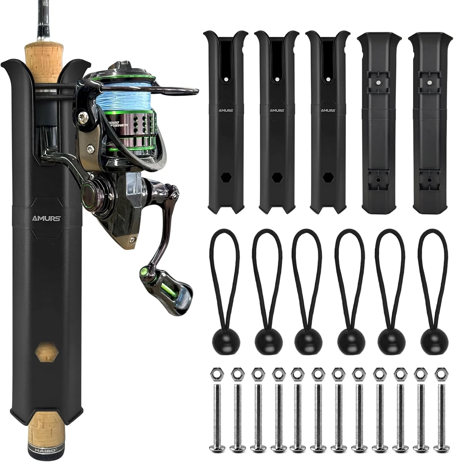 6-Tube Fishing Rod Holder, Wall Mounted Rod Holder with 6inch Ball Bungee Cords and Screws for Boat Kayak Cooler Trailer Portable