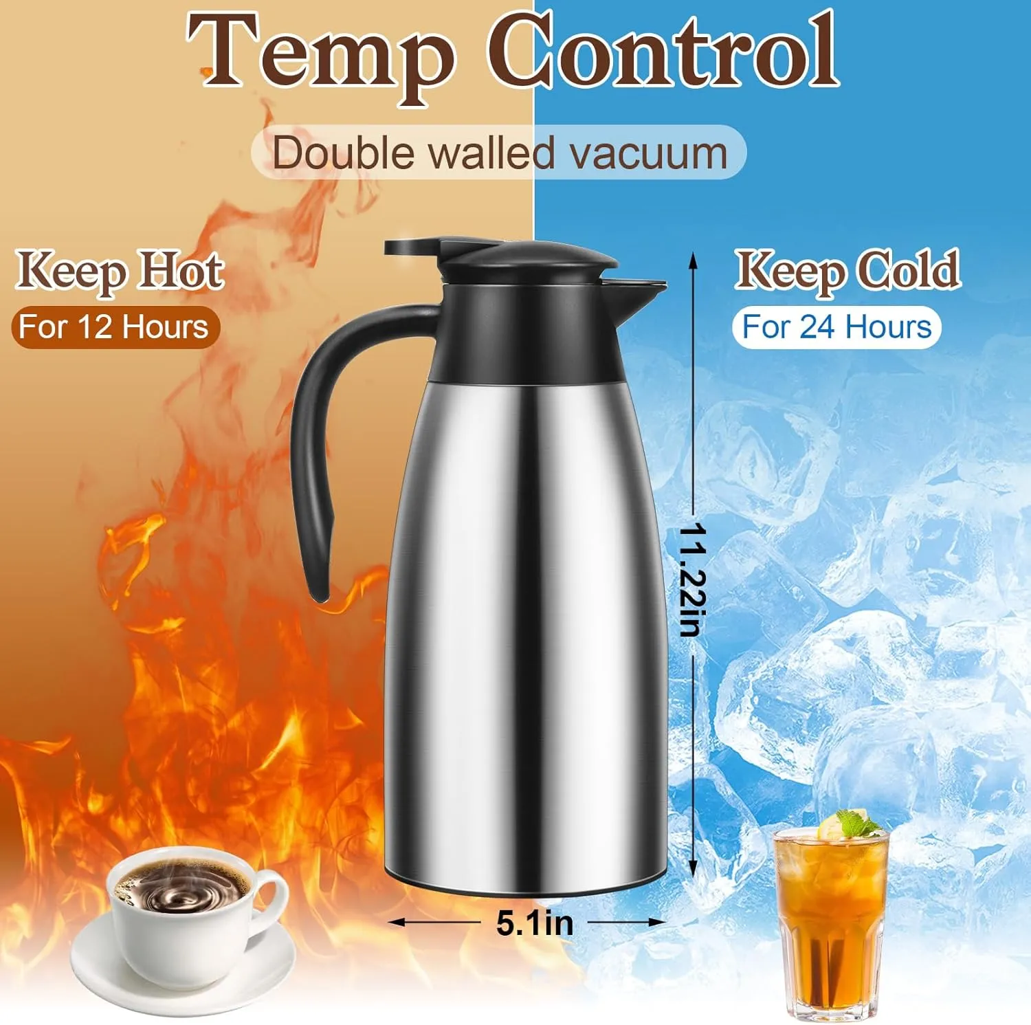 68 OZ Thermal Carafe, Insulated Stainless Steel Carafe Double Walled Vacuum Thermal Pot Flask with Brushes for Keeping Hot Coffee Tea Home and Office (2 PCS, Silver)