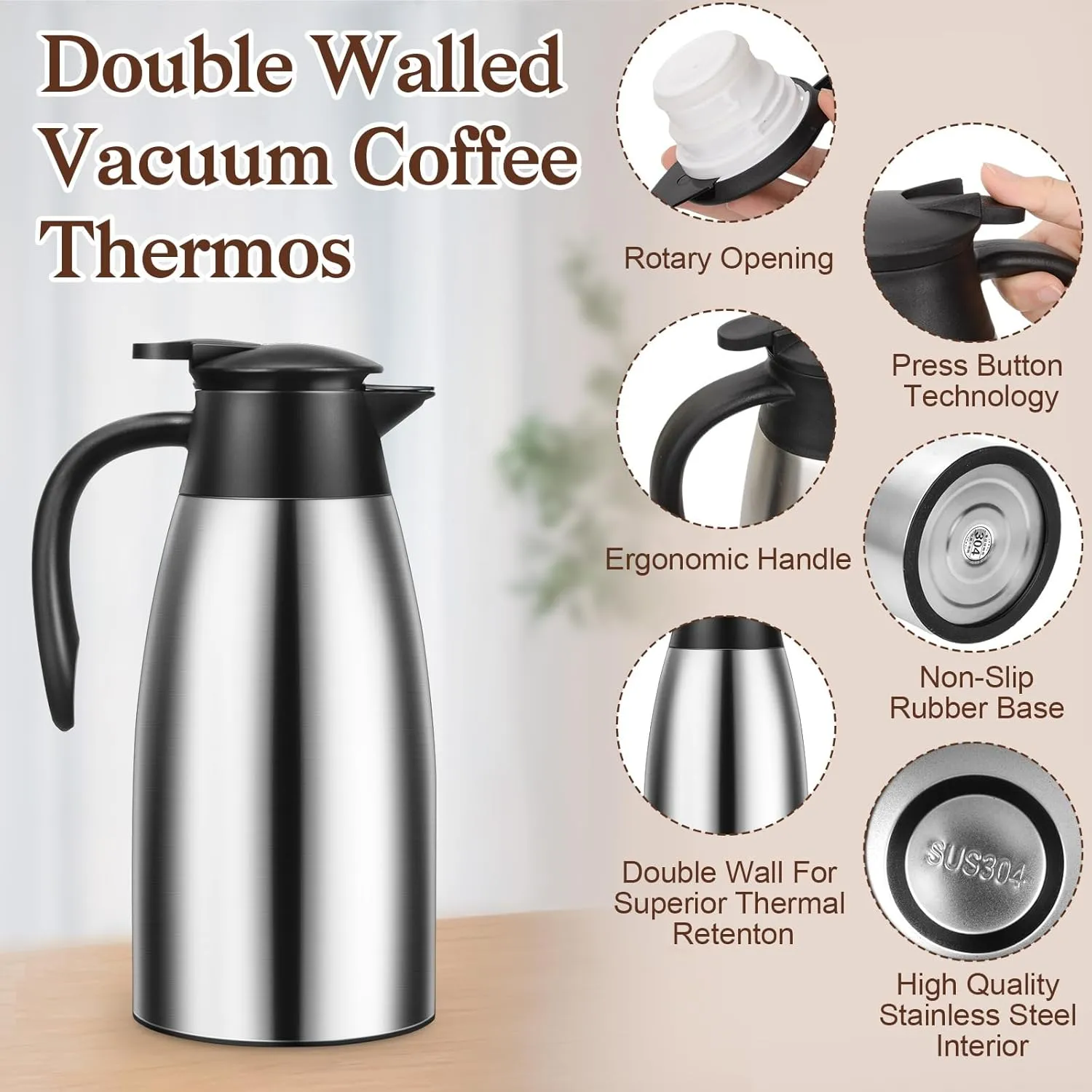 68 OZ Thermal Carafe, Insulated Stainless Steel Carafe Double Walled Vacuum Thermal Pot Flask with Brushes for Keeping Hot Coffee Tea Home and Office (2 PCS, Silver)