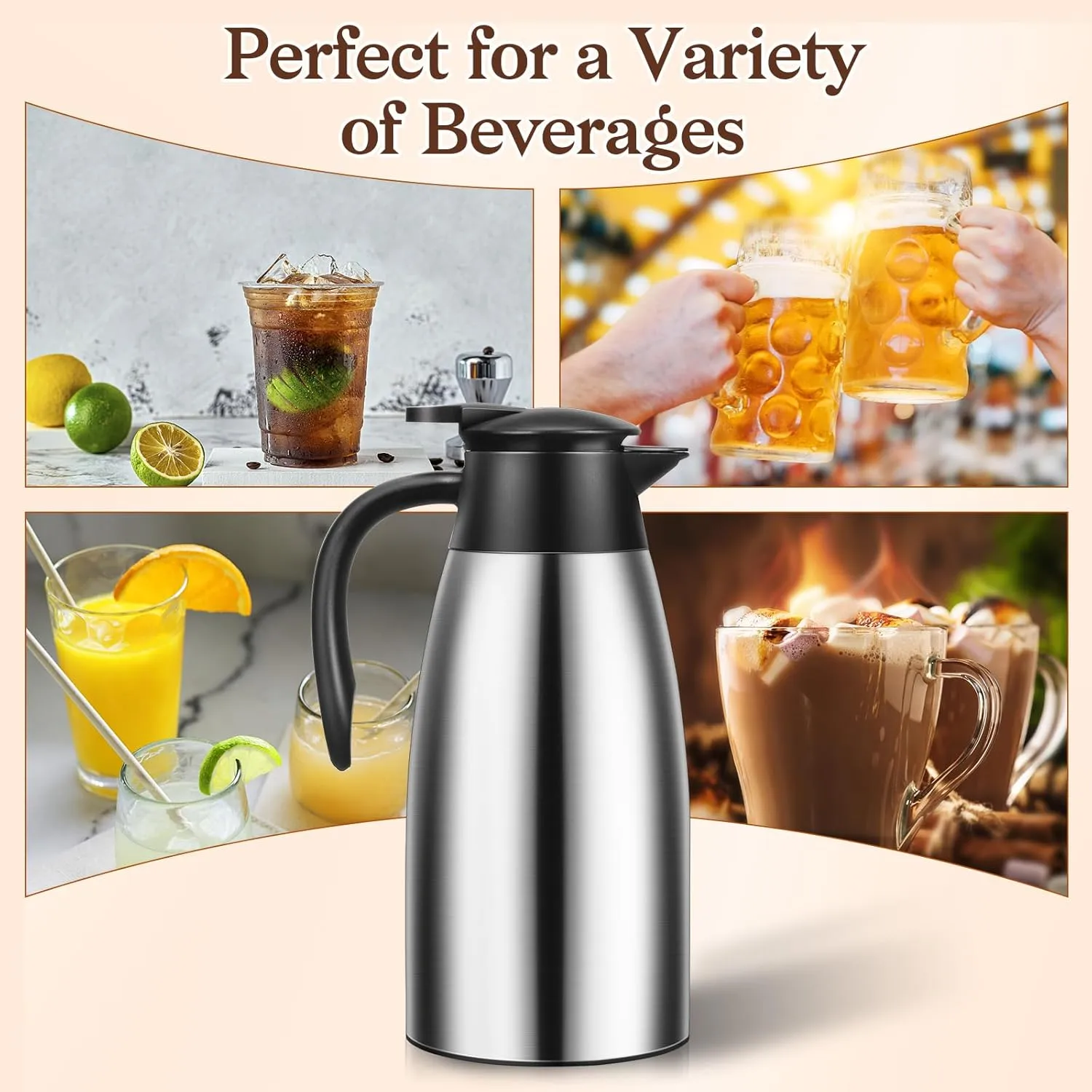 68 OZ Thermal Carafe, Insulated Stainless Steel Carafe Double Walled Vacuum Thermal Pot Flask with Brushes for Keeping Hot Coffee Tea Home and Office (2 PCS, Silver)