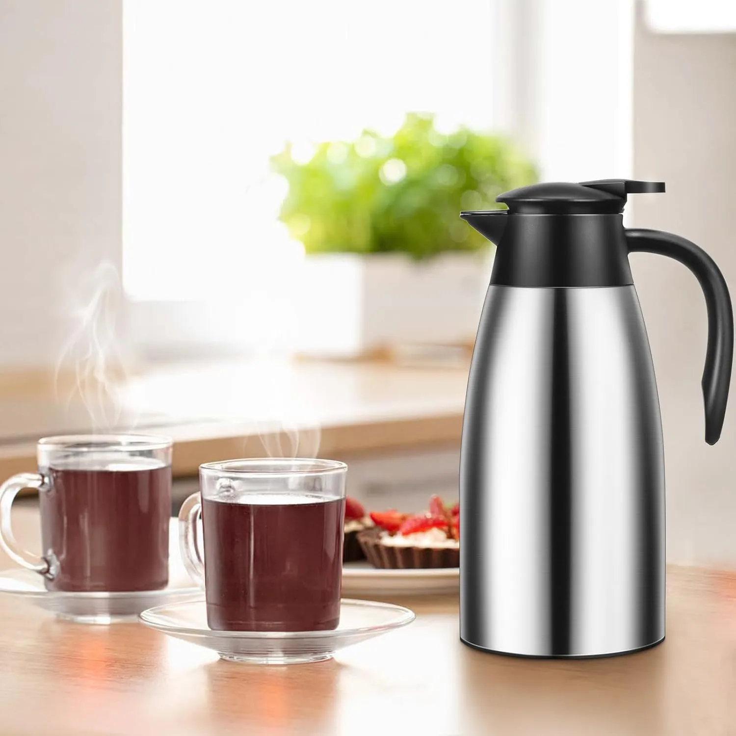 68 OZ Thermal Carafe, Insulated Stainless Steel Carafe Double Walled Vacuum Thermal Pot Flask with Brushes for Keeping Hot Coffee Tea Home and Office (2 PCS, Silver)