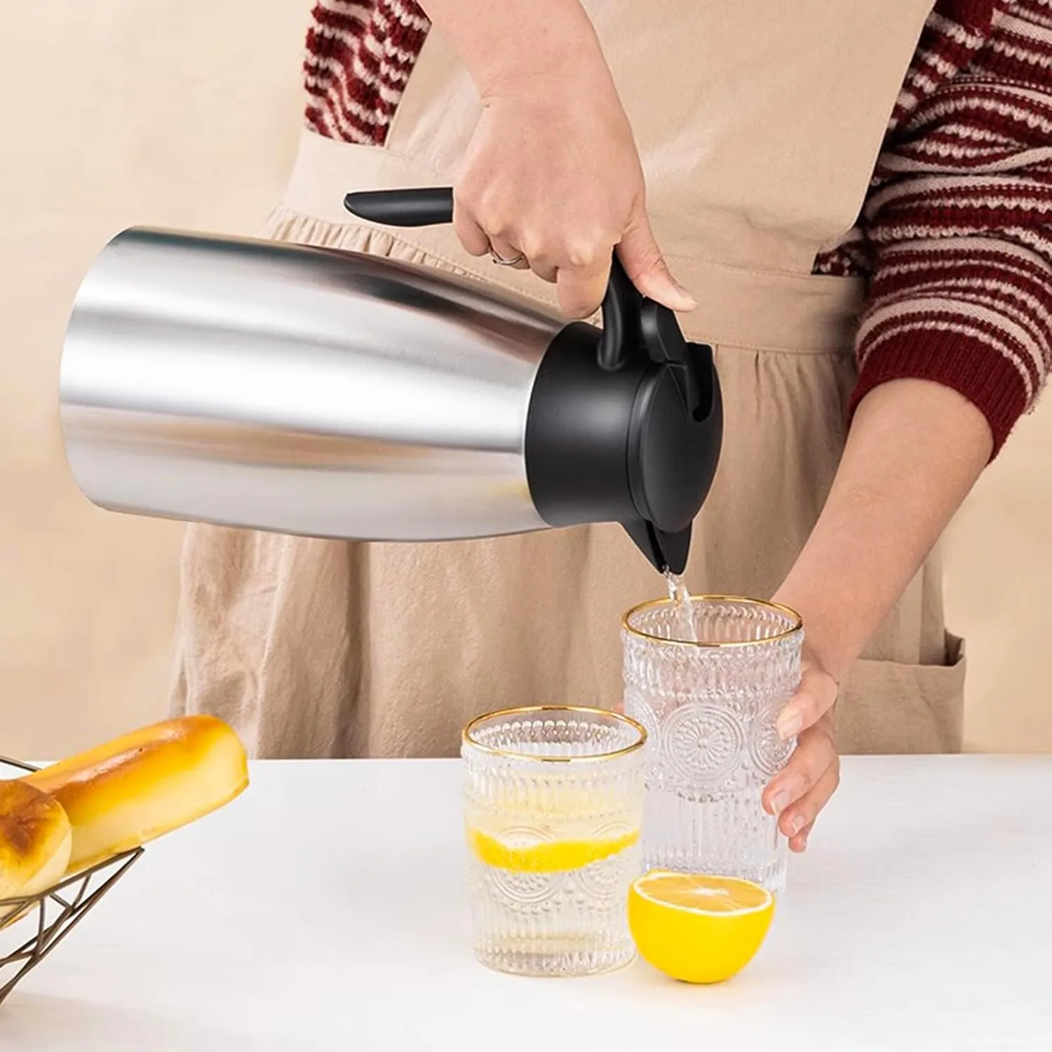 68 OZ Thermal Carafe, Insulated Stainless Steel Carafe Double Walled Vacuum Thermal Pot Flask with Brushes for Keeping Hot Coffee Tea Home and Office (2 PCS, Silver)