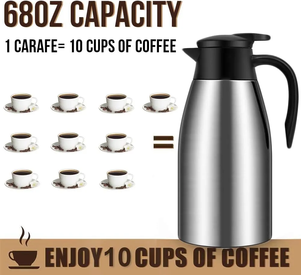 68oz Coffee Carafe Airpot Insulated Coffee Thermos Urn Stainless Steel Vacuum Thermal Pot Flask for Coffee, Hot Water, Tea, Hot Beverage - Keep 12 Hours Hot, 24 Hours Cold