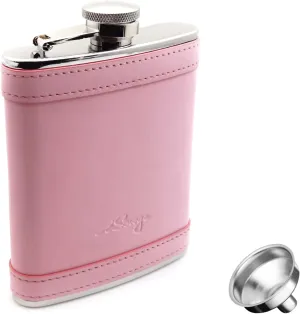 6oz Light Pink Leather Wrapped Hip Flask with a Funnel 18/8 Stainless Steel-YM111