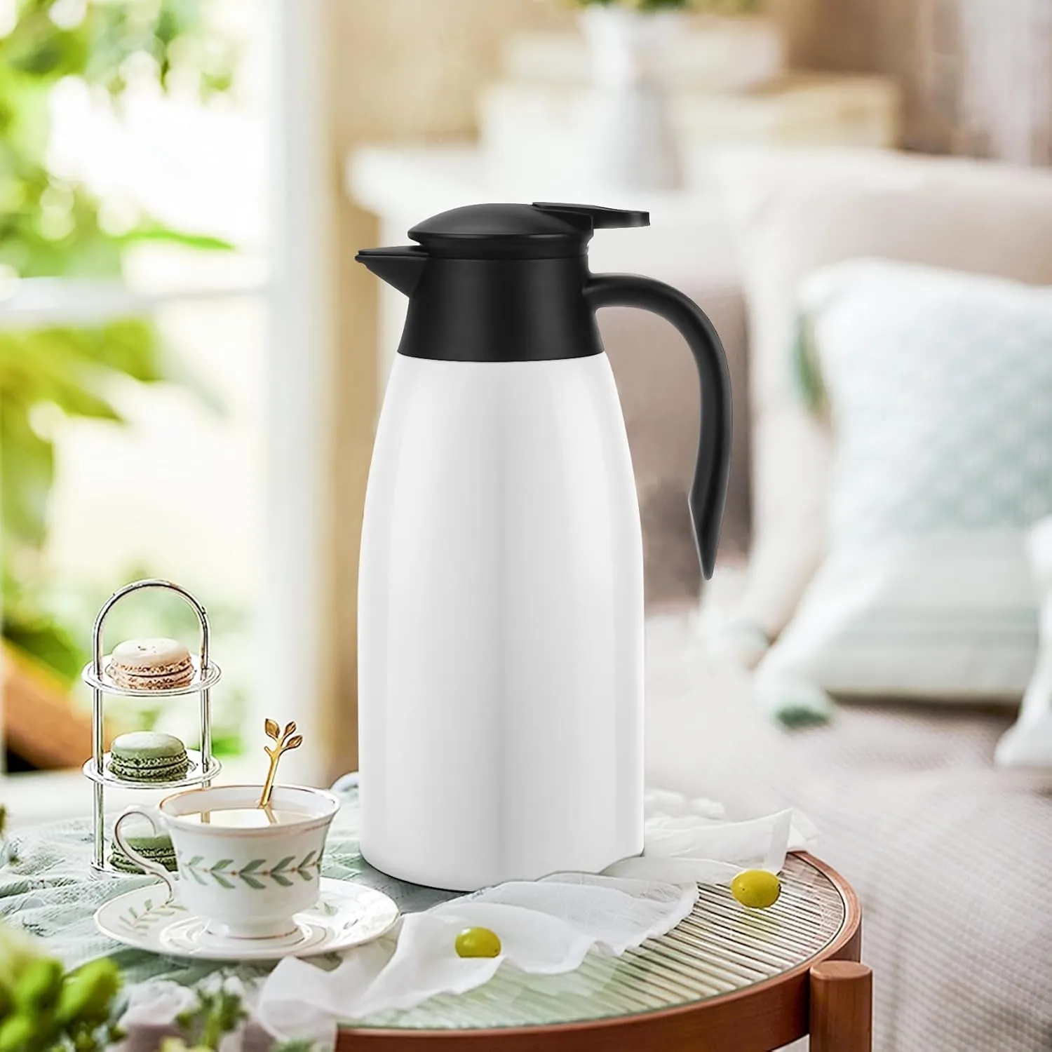70oz Coffee Carafe Airpot Insulated Coffee Thermos Urn Stainless Steel Vacuum Thermal Pot Flask Dispenser for Coffee, Hot Water, Tea, Hot Beverage - Keep 12 Hours Hot, 24 Hours Cold -White