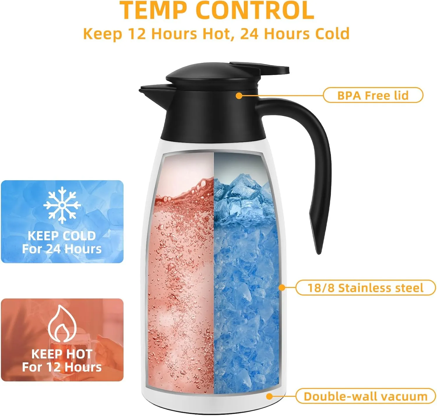 70oz Coffee Carafe Airpot Insulated Coffee Thermos Urn Stainless Steel Vacuum Thermal Pot Flask Dispenser for Coffee, Hot Water, Tea, Hot Beverage - Keep 12 Hours Hot, 24 Hours Cold -White