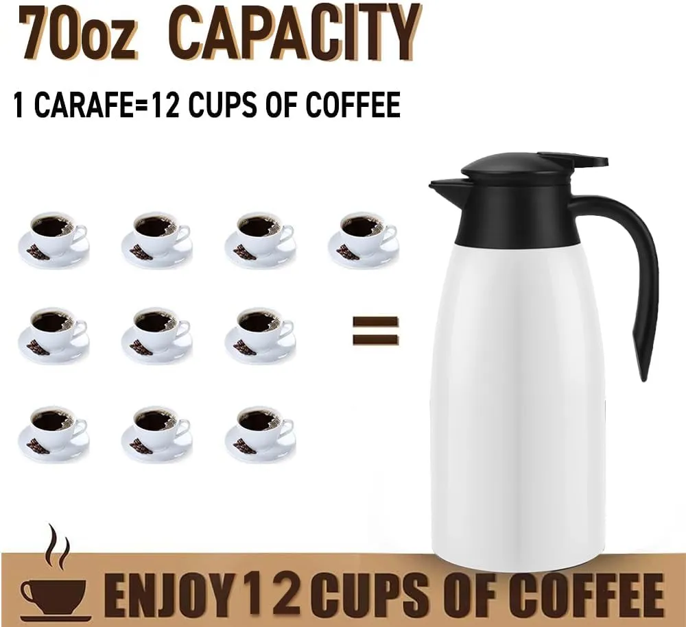70oz Coffee Carafe Airpot Insulated Coffee Thermos Urn Stainless Steel Vacuum Thermal Pot Flask Dispenser for Coffee, Hot Water, Tea, Hot Beverage - Keep 12 Hours Hot, 24 Hours Cold -White